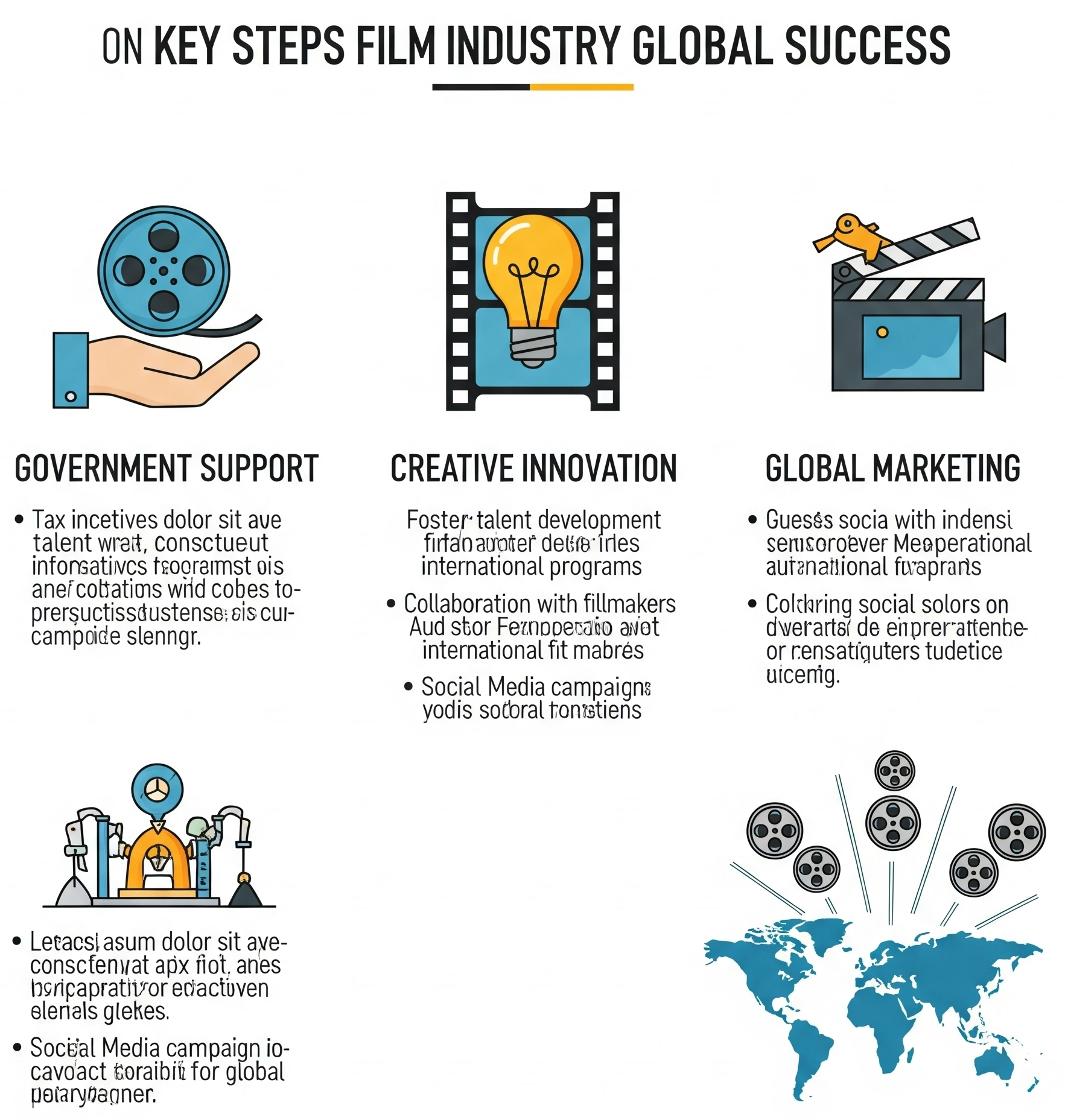 Infographic showing steps for a film industry to achieve global success: government support, creative innovation, and global marketing.