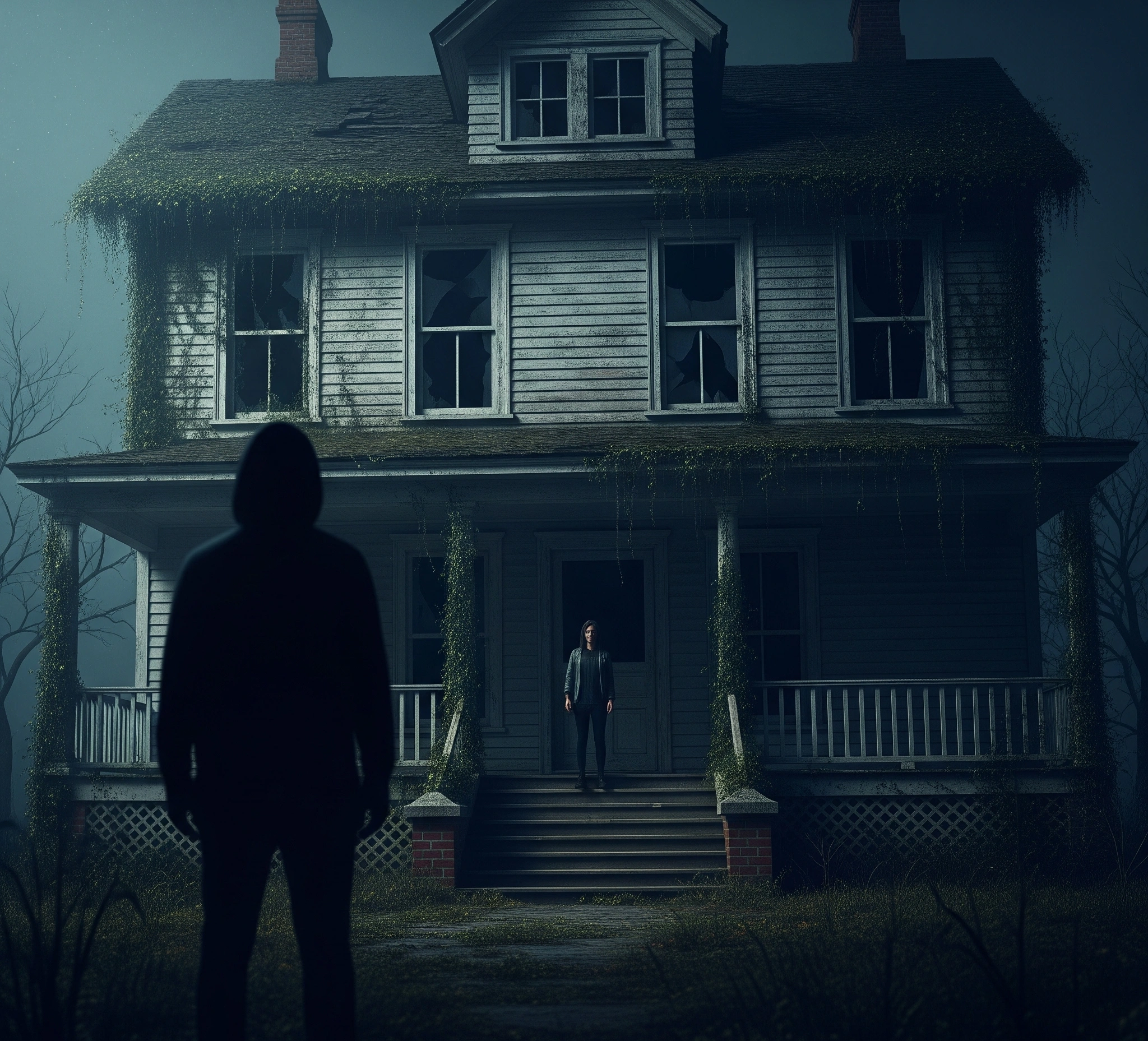 Visual representation of haunting symbolism, perhaps featuring a shadowy figure or a decaying house reflecting themes of the film.