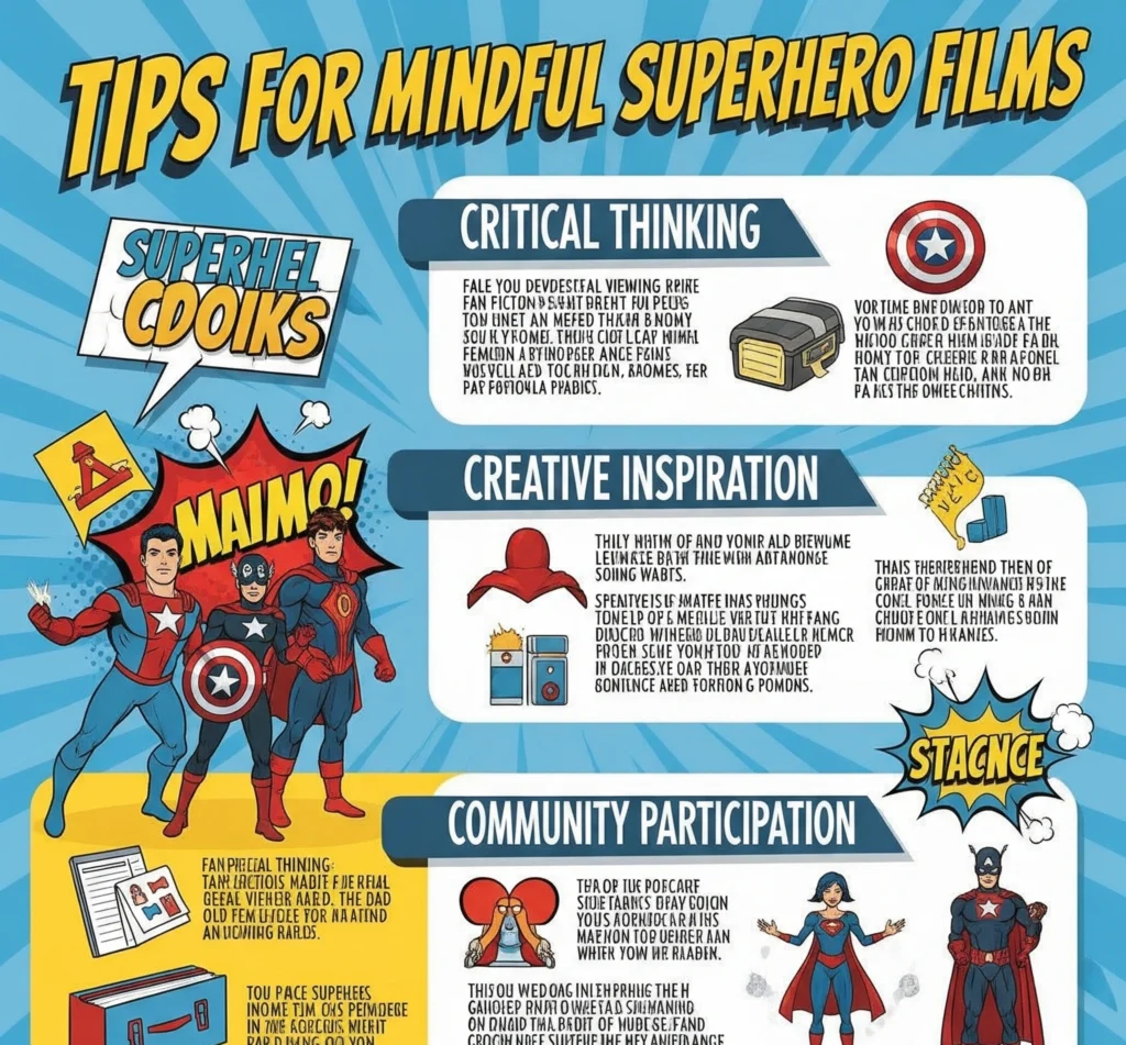 Infographic showing tips for mindful engagement with superhero films: critical thinking, creative inspiration, community participation.