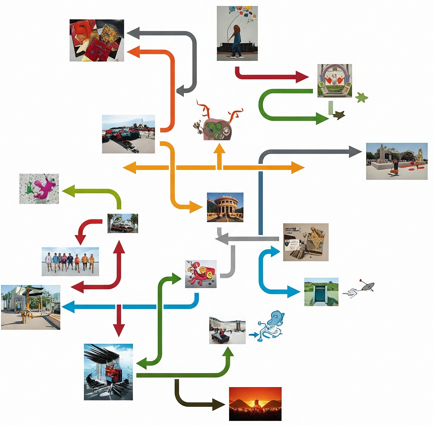 Visual representation of a fragmented timeline, with arrows jumping between different points, symbolizing non-linear storytelling.