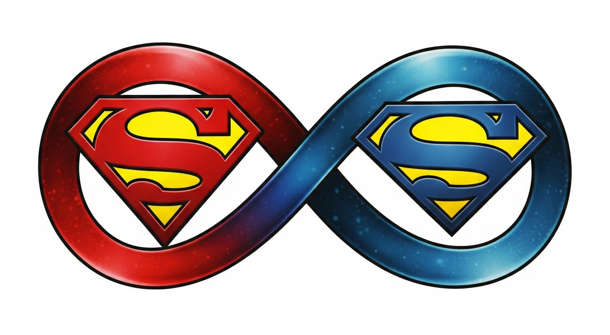 Illustration of iconic superhero symbols merging into an infinity sign, representing their eternal presence.