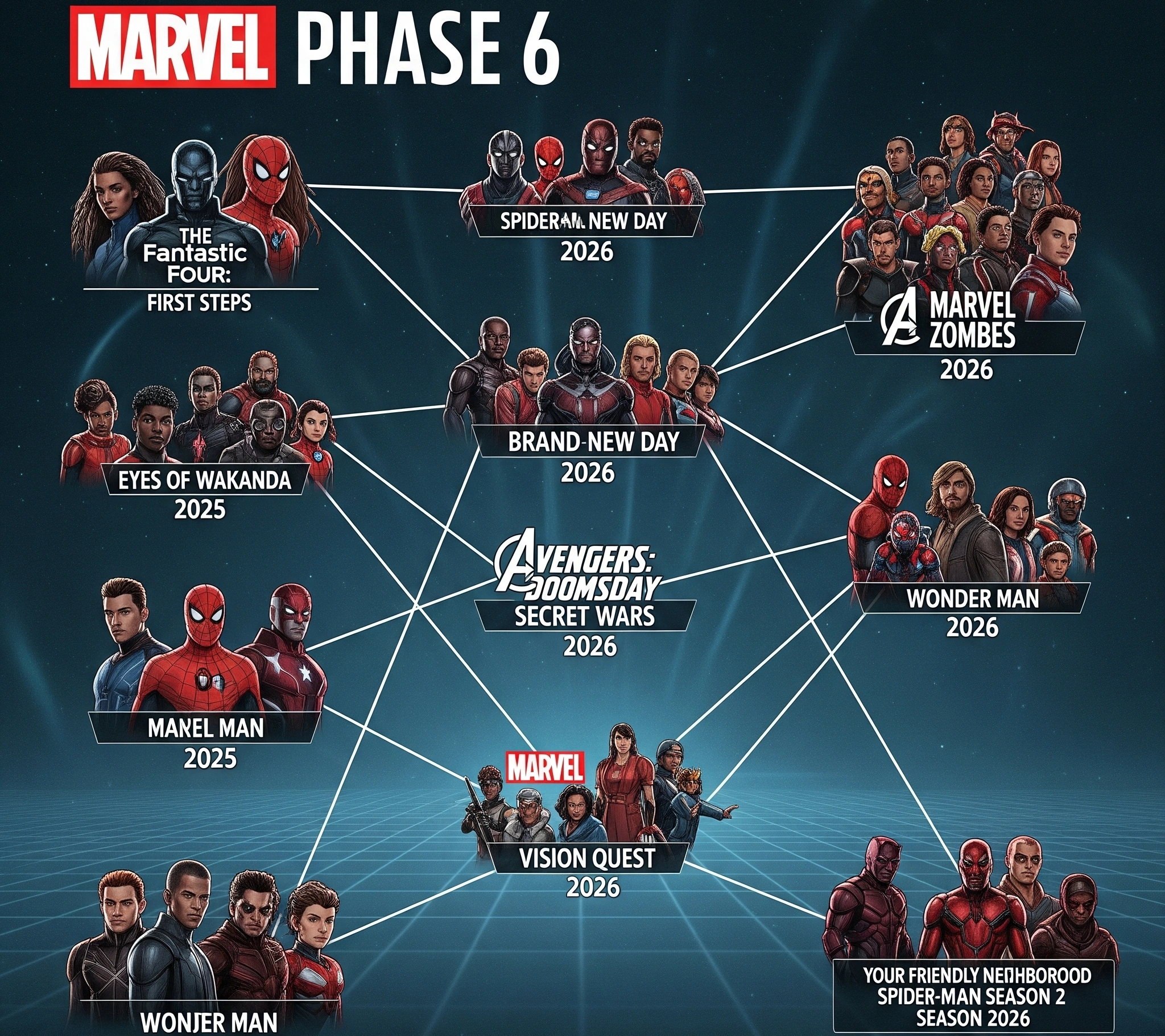 Illustrated roadmap of Marvel's Phase 6, showing interconnected films and series.