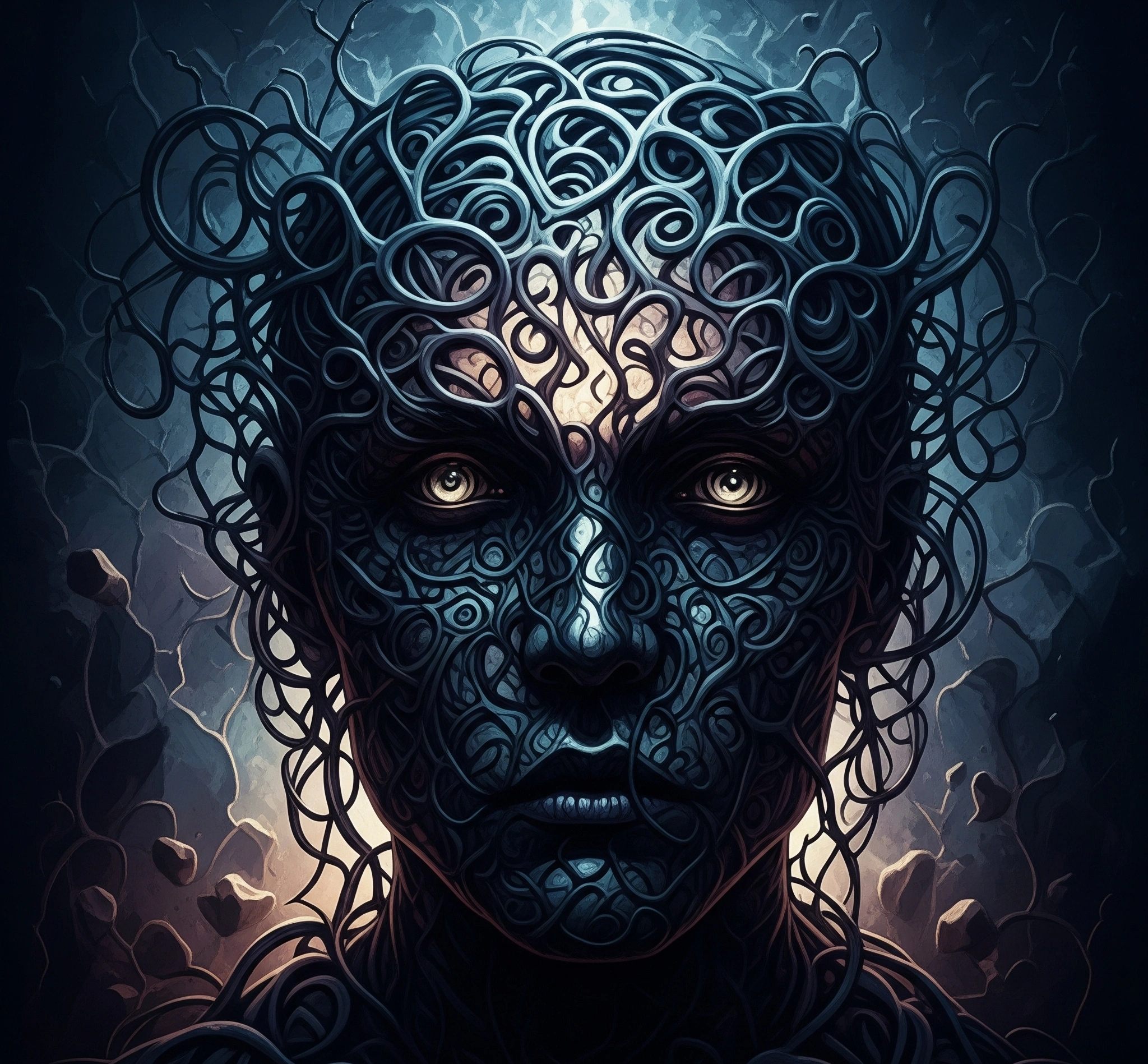Abstract art depicting a tormented mind or soul, using dark colors and complex patterns to evoke philosophical dread.