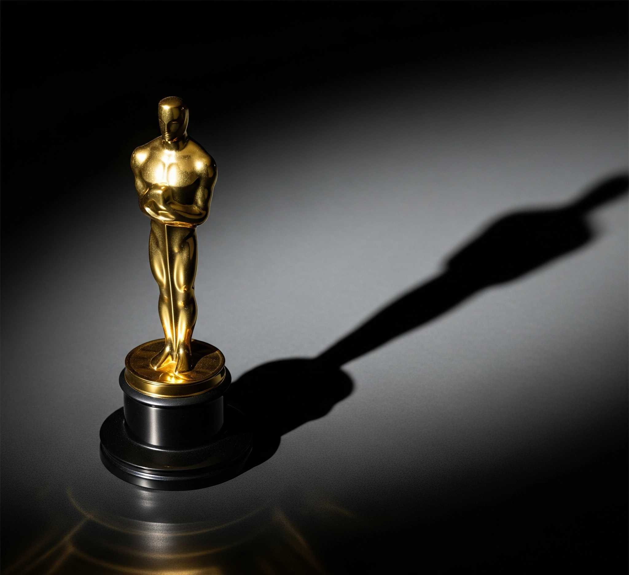 A golden Oscar statuette casting a subtle shadow, symbolizing the complexities behind the awards.