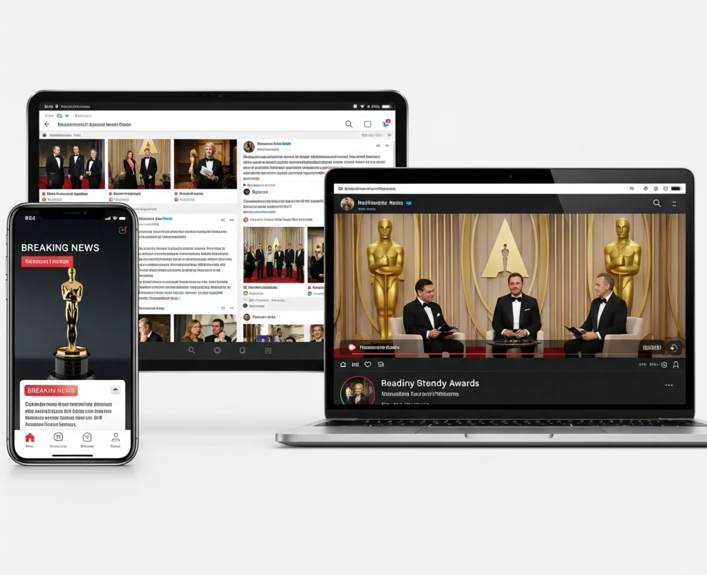Various digital devices (smartphone, tablet, laptop) displaying news articles, social media feeds, and streaming content related to the Academy Awards, symbolizing digital engagement.