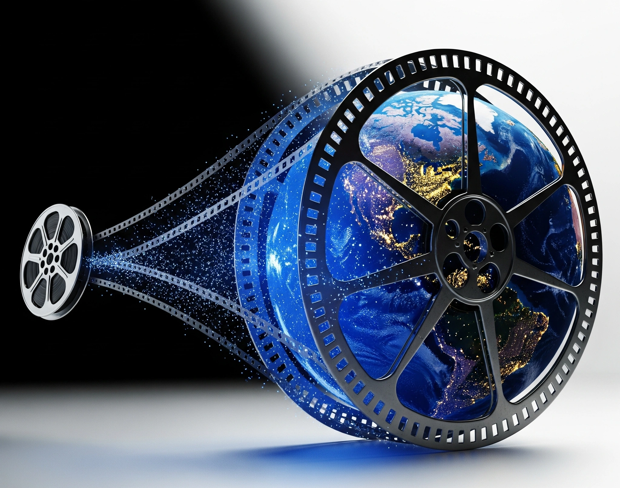 Illustration of a film reel transforming into a globe, symbolizing Korean cinema's global reach.