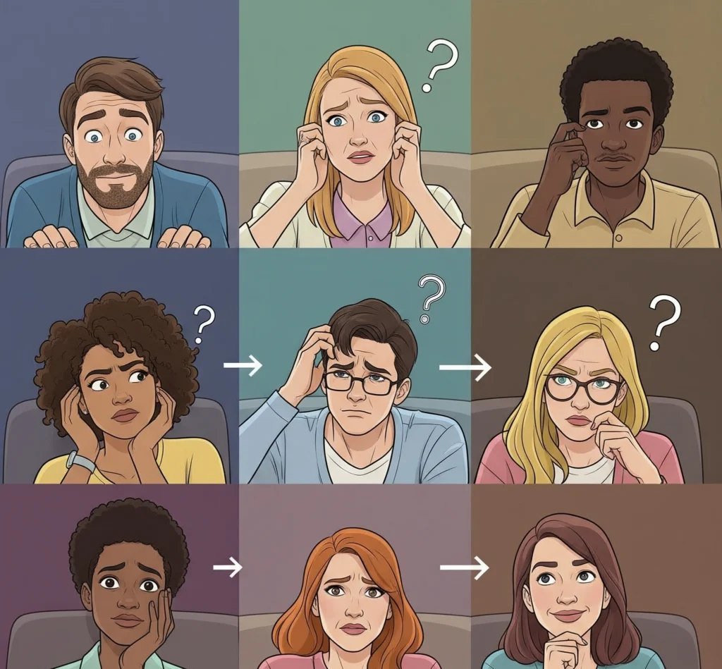 Visual representation of different audience reactions to a non-linear narrative, showing intrigue, confusion, and eventual understanding, symbolizing deeper engagement.