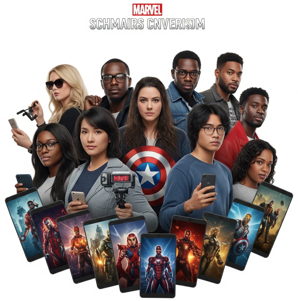 Diverse fans worldwide engaging with Marvel Cinematic Universe content on digital devices.
