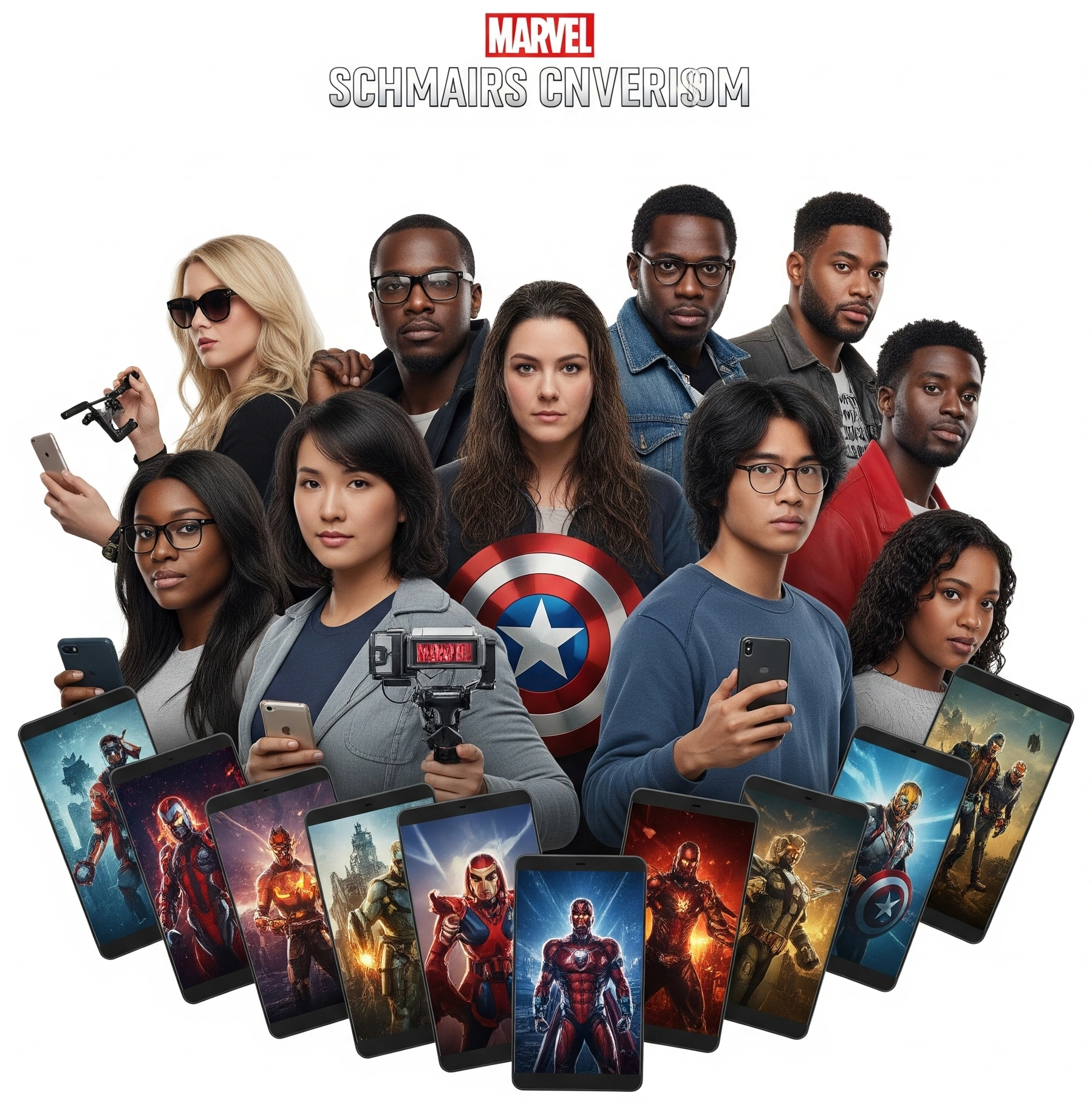 Diverse fans worldwide engaging with Marvel Cinematic Universe content on digital devices.