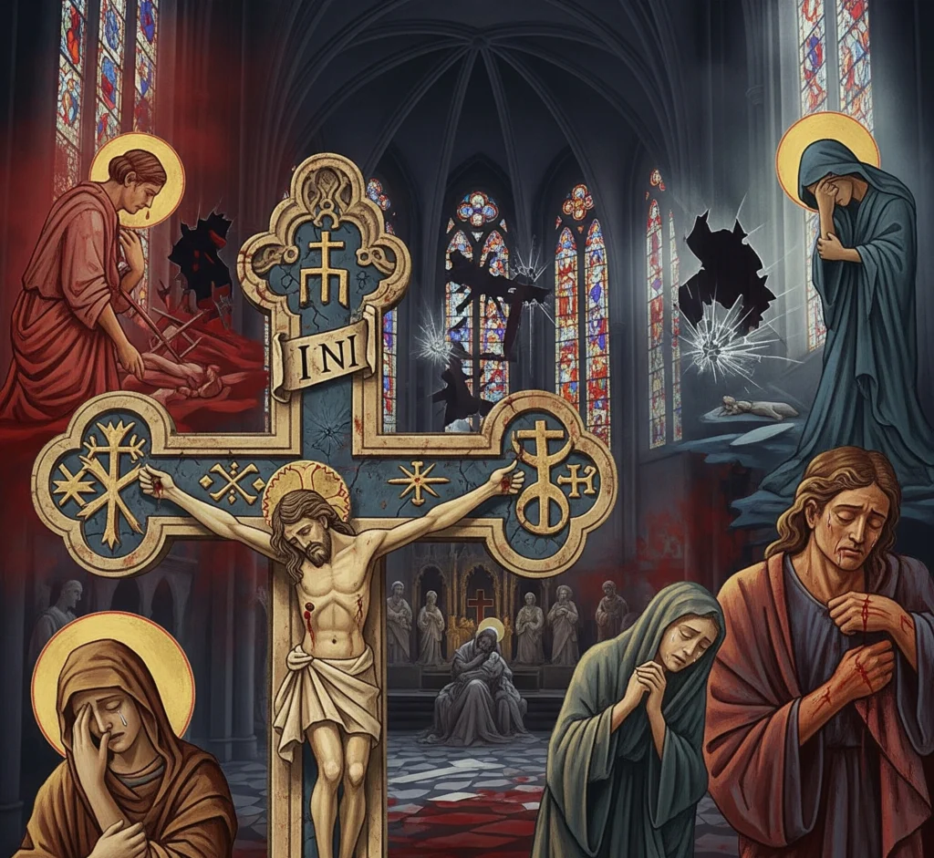 Visual representation of the interplay between religious symbols, elements of trauma, and motifs of death, reflecting the film's themes.