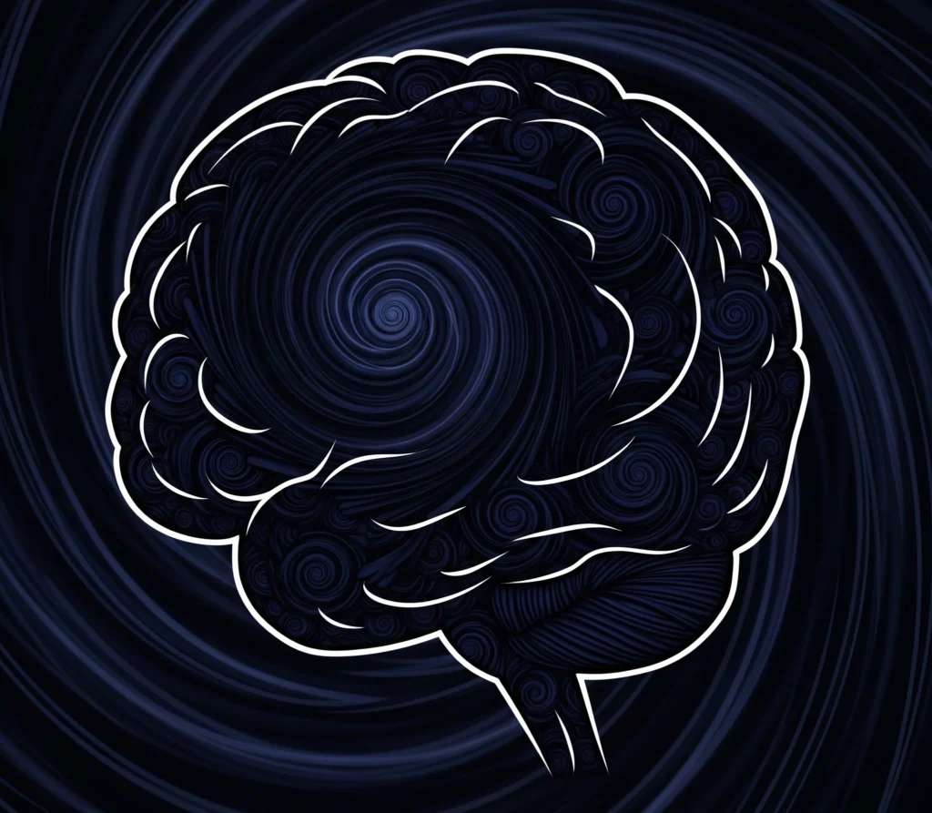 A stylized illustration of a brain or mind with dark, swirling patterns, representing deep, perhaps anxious, philosophical thought.