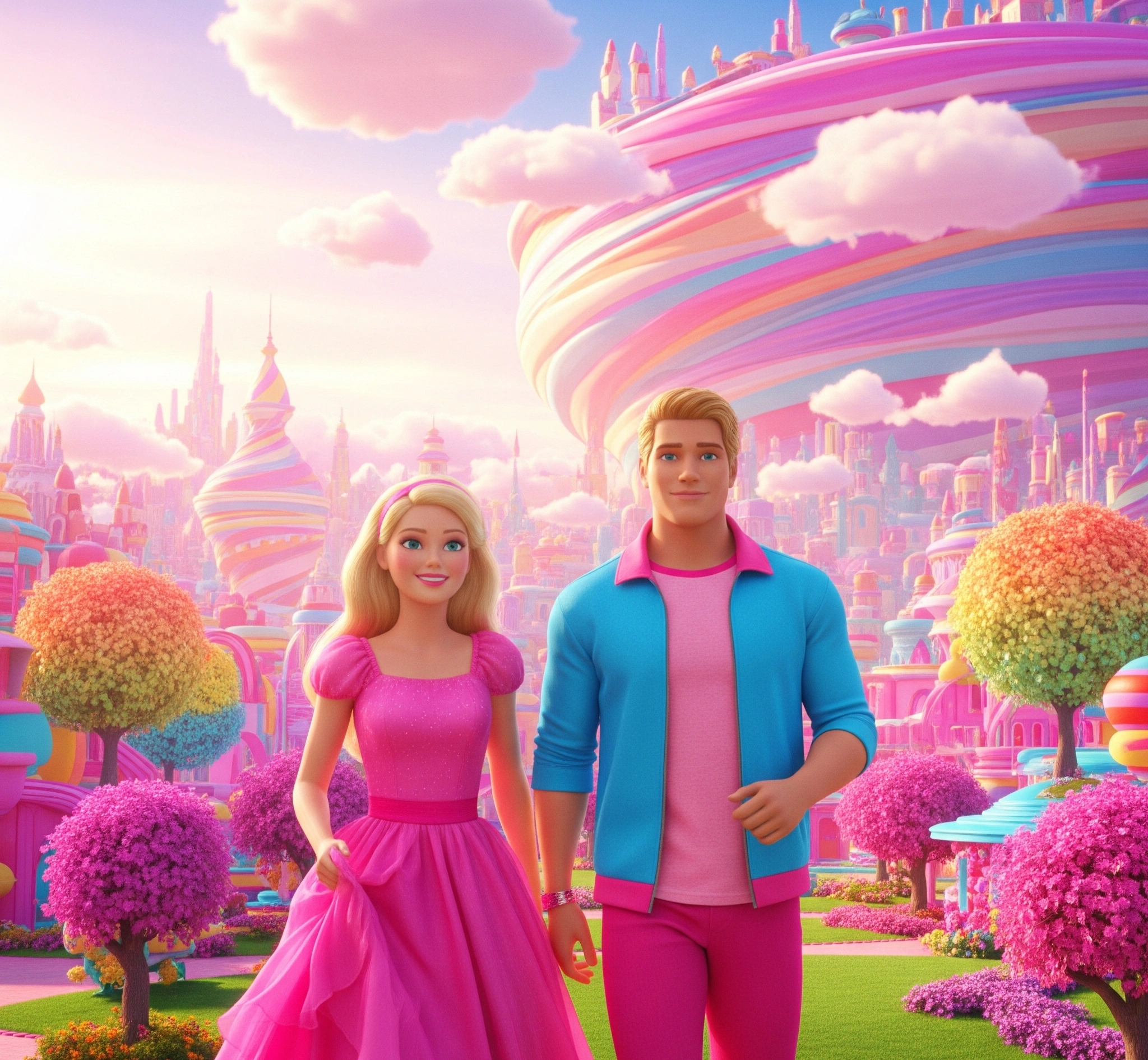 Ilustrasi adegan cerah dari film Barbie, menampilkan karakter utama dalam lingkungan yang penuh warna dan fantasi