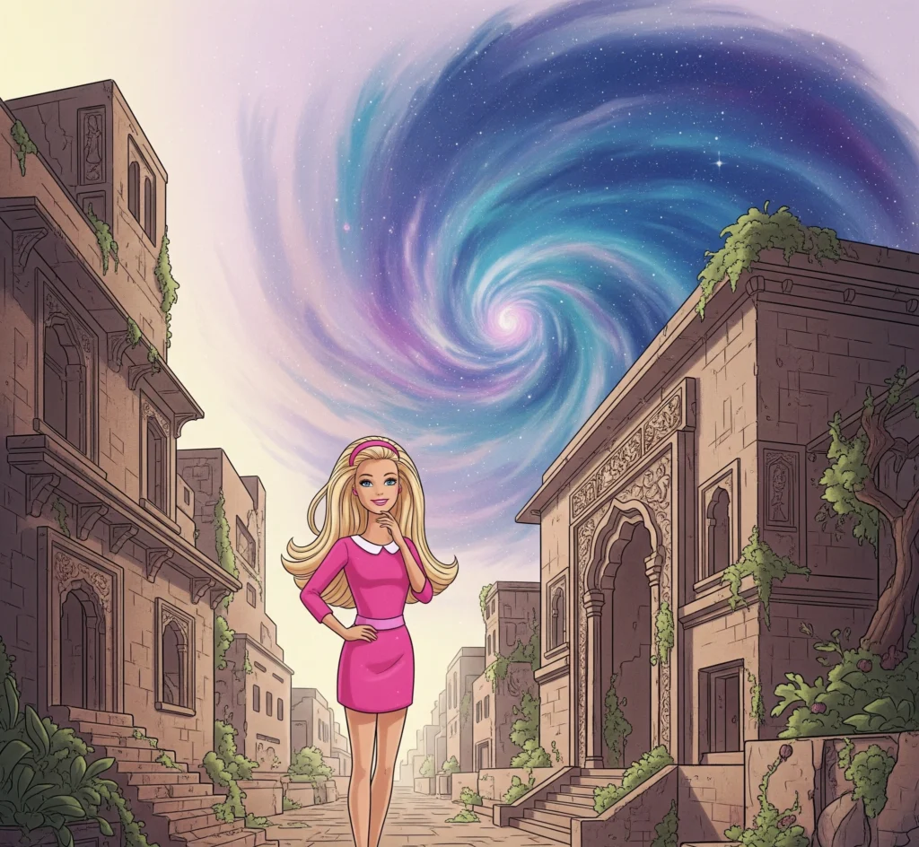 Ilustrasi yang menggambarkan perpaduan dunia Barbie yang fantastis dengan realitas yang lebih kompleks, simbolisasi pencerahan dan kebebasan