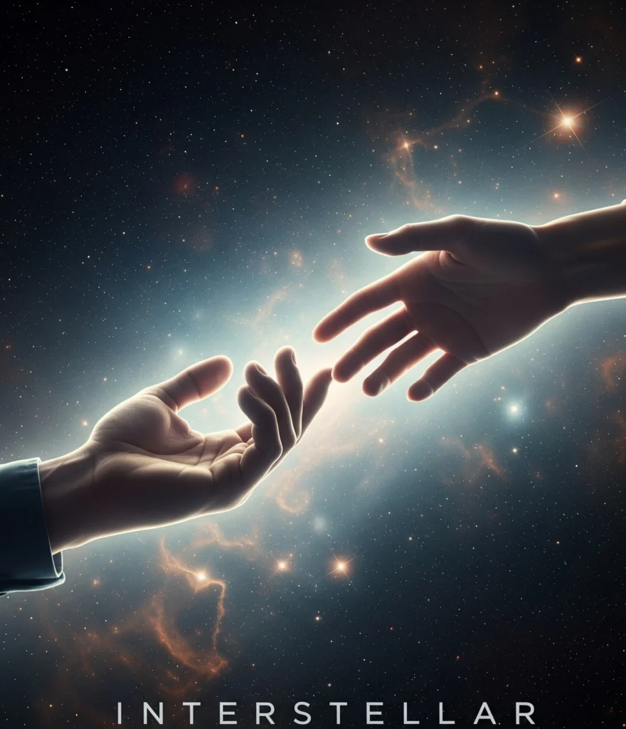 Abstract depiction of human connection spanning cosmic distances, perhaps two hands reaching across a starry void, symbolizing love's power in Interstellar.