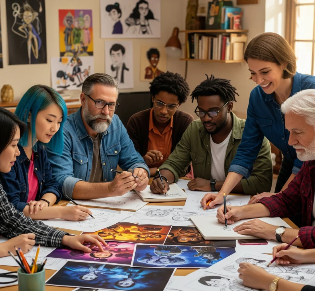 A diverse group of animators from different backgrounds collaborating on a project, symbolizing the global nature of the animation industry and cultural exchange.