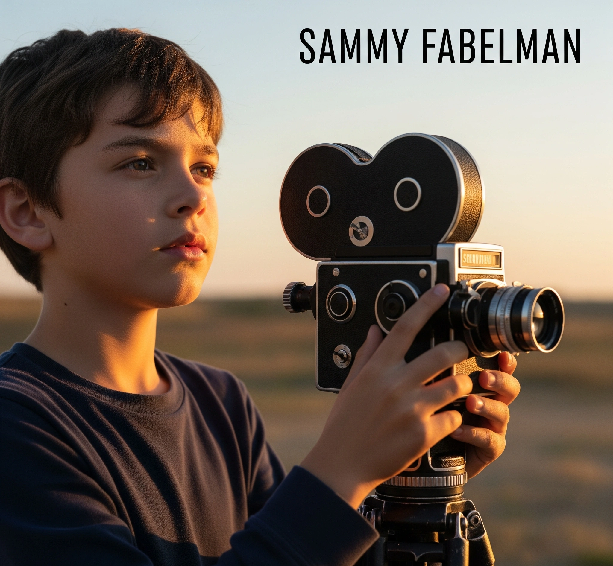 Seorang anak laki-laki muda (Sammy Fabelman) memegang kamera film lama dengan tatapan penuh inspirasi, melambangkan awal kecintaannya pada sinema.