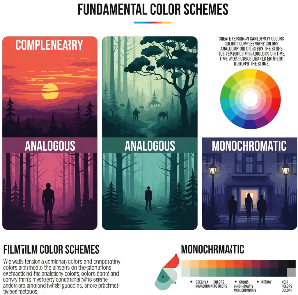 Infografis visual yang menjelaskan skema warna film yang berbeda seperti komplementer, analog, dan monokromatik, dengan contoh adegan dan dampaknya.