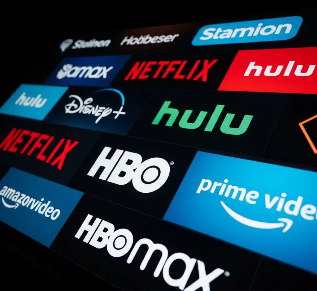 Multiple streaming service logos displayed on a screen, symbolizing the competitive streaming landscape.