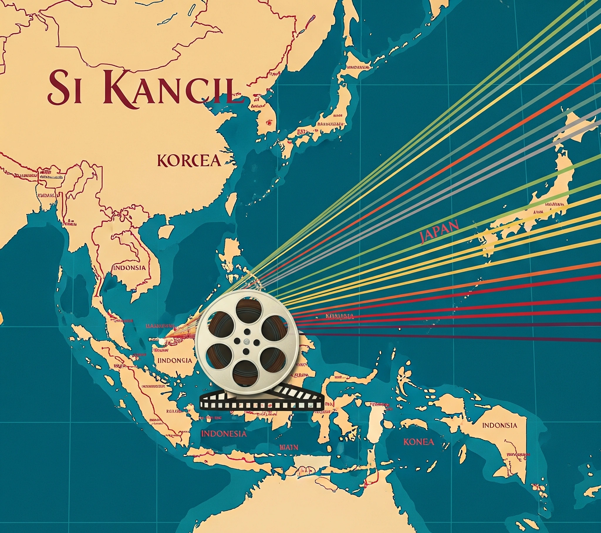 A stylized map showing lines extending from Indonesia to Japan and Korea, with a film reel icon, symbolizing the global reach of 'Si Kancil'.
