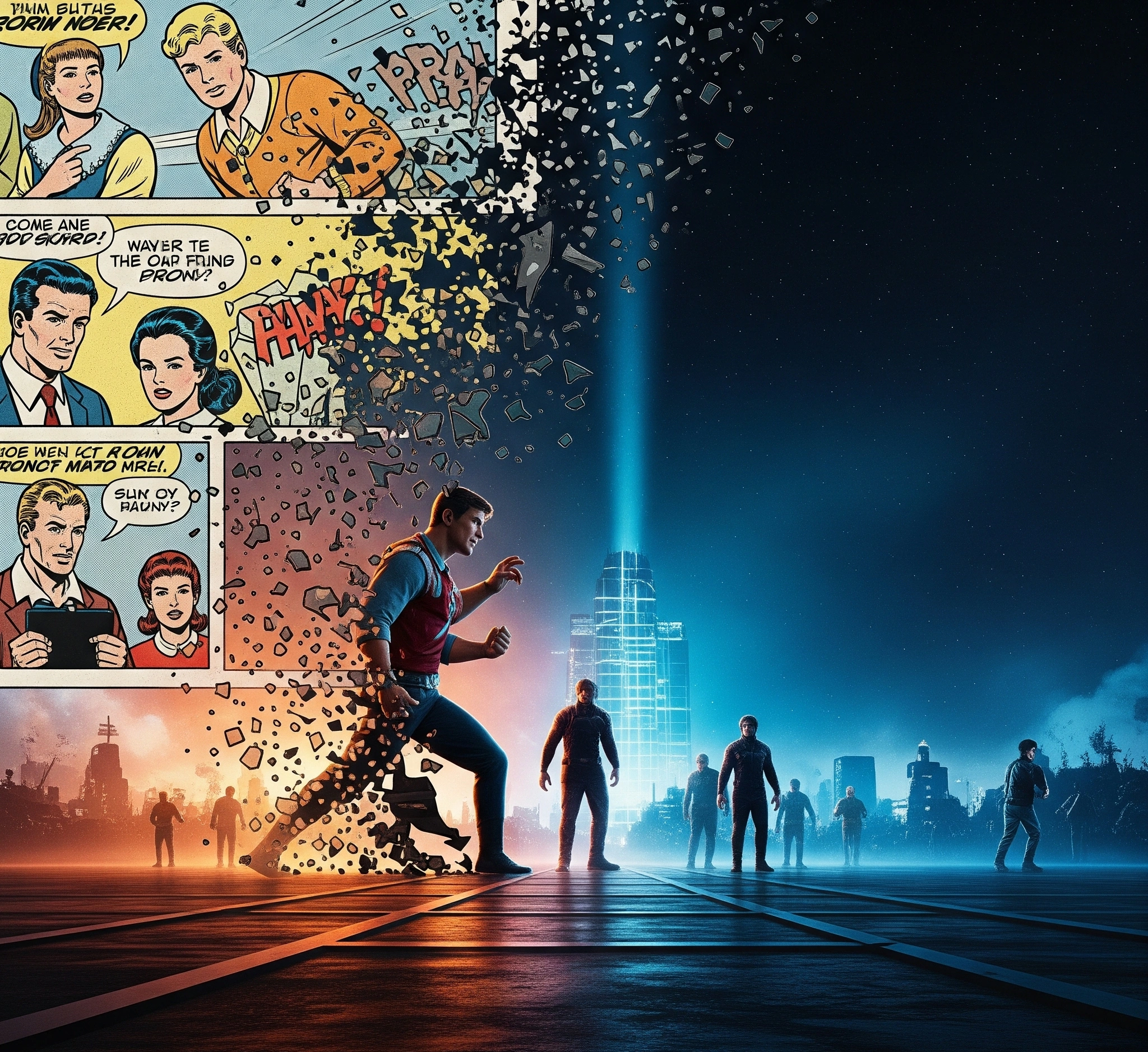 Ilustrasi transisi dari panel komik ke layar lebar, menunjukkan elemen komik dan film yang menyatu.