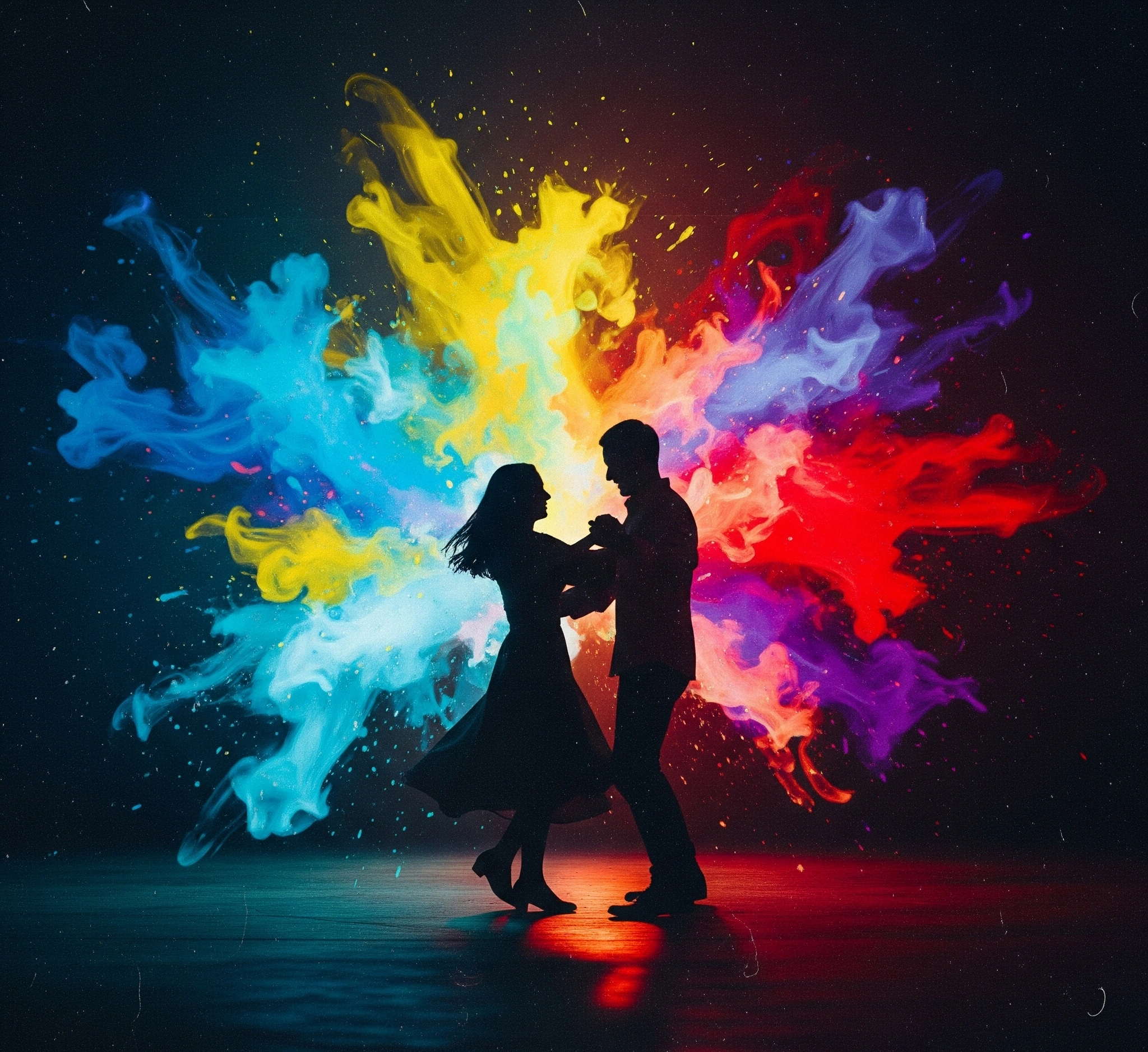 Kolase artistik yang dinamis menggambarkan kekuatan emosional warna dalam film, dengan percikan warna biru, kuning, merah, dan ungu di sekitar siluet pasangan yang menari.