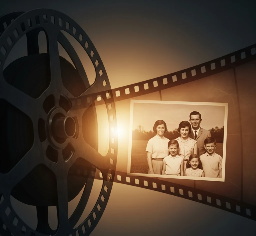 Gulungan film yang menyatu dengan foto keluarga nostalgia, melambangkan bagaimana sinema menangkap dan menafsirkan sejarah pribadi dengan cahaya hangat.