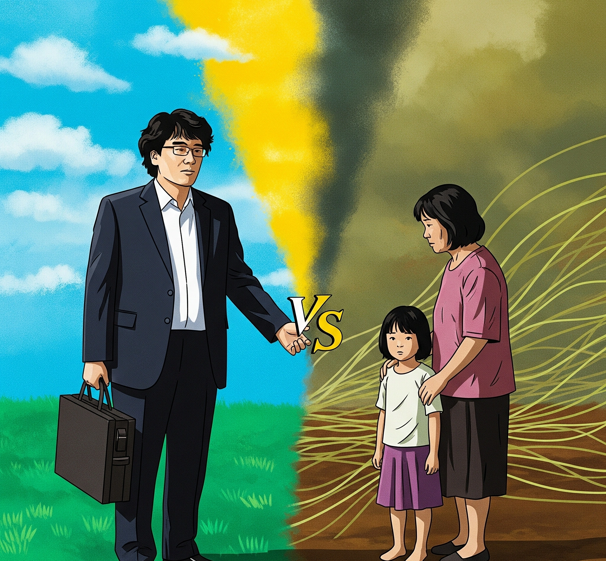 Ilustrasi abstrak yang melambangkan perbedaan bau atau aroma antar kelas sosial, seperti yang digambarkan dalam film Parasite