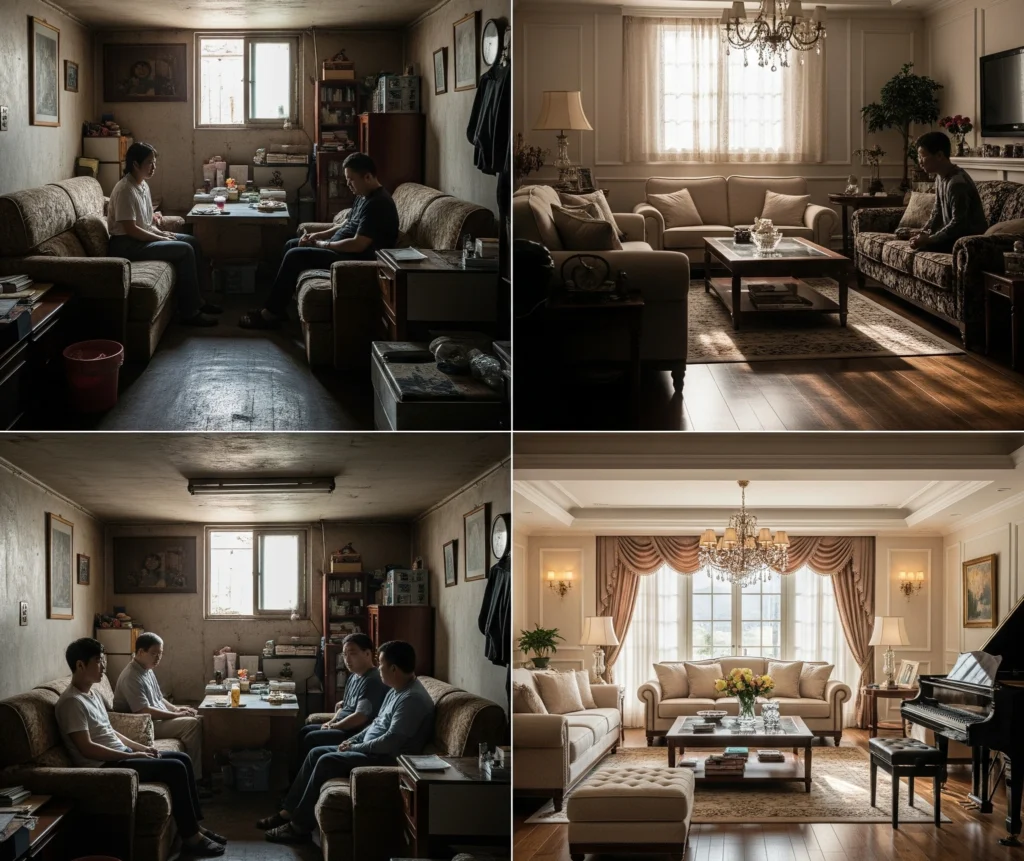 Perbandingan visual antara apartemen semi-basement keluarga Kim yang kumuh dan ruang tamu mewah keluarga Park, menyoroti kesenjangan kekayaan