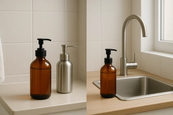 A clean, organized bathroom and kitchen sink area showcasing matching amber glass and stainless steel refillable dispensers for soap and lotion, highlighting an eco-friendly and stylish home setup