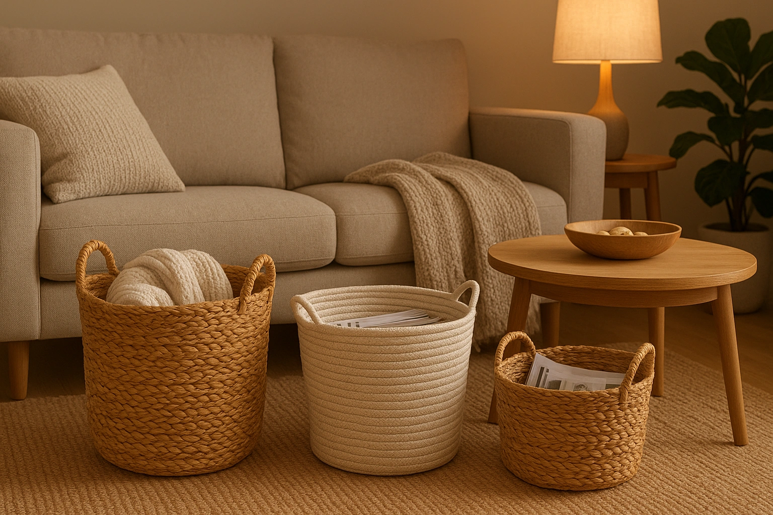 A cozy modern living room with decorative storage baskets neatly holding blankets, magazines, and small items, showing how stylish baskets can turn cluttered spaces into organized, elegant decor