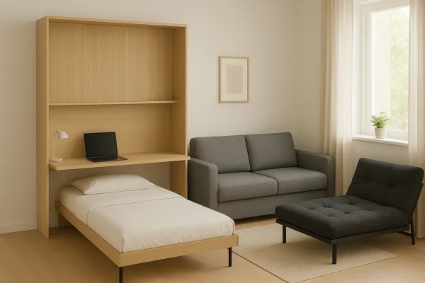 A modern home office and guest room with a Murphy bed integrated with a desk, partially lowered to show its dual functionality as a workspace and bed in a compact, minimalist room.