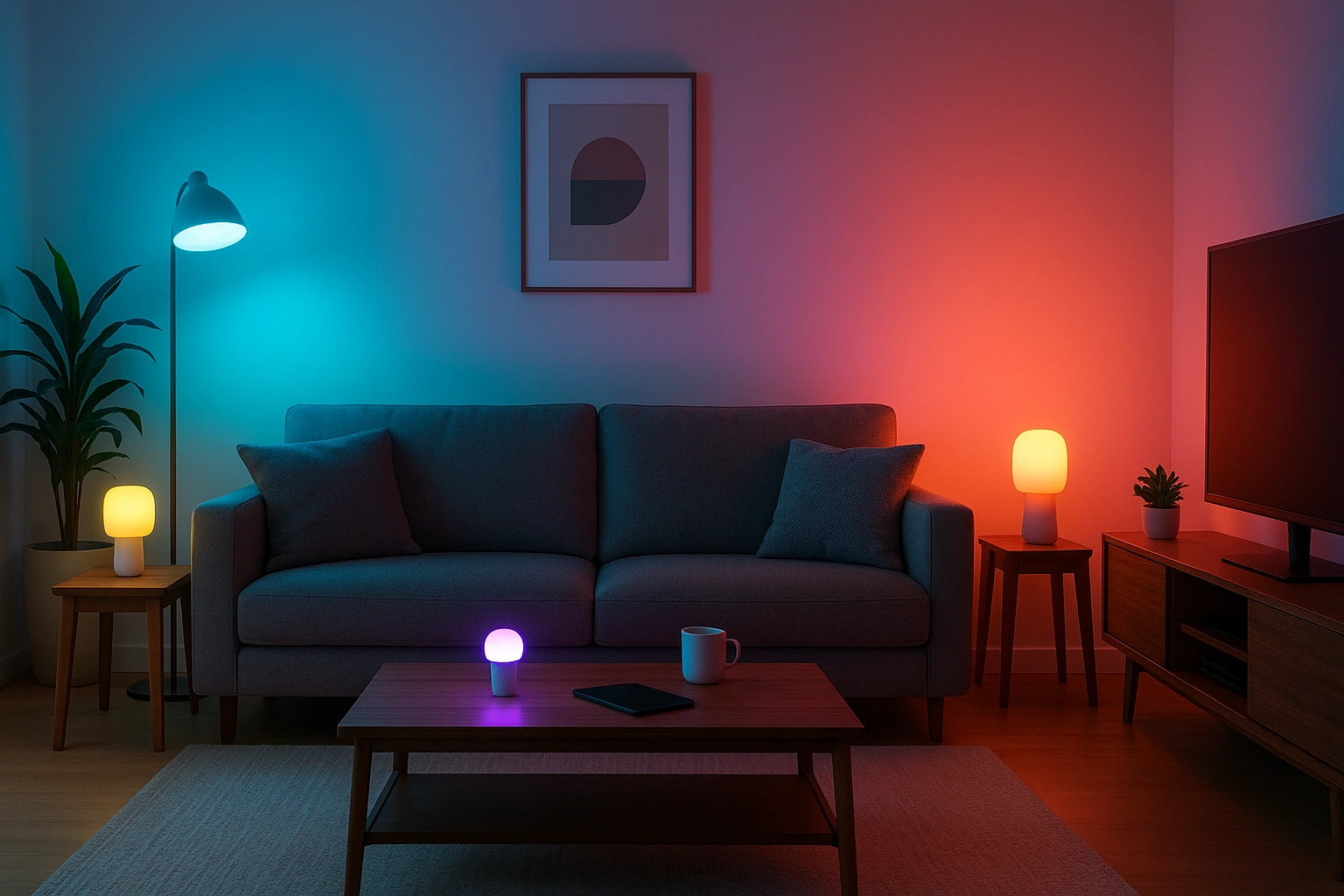 A modern living room lit by energy-saving smart bulbs in different colors and brightness, demonstrating home automation and eco-friendly lighting.