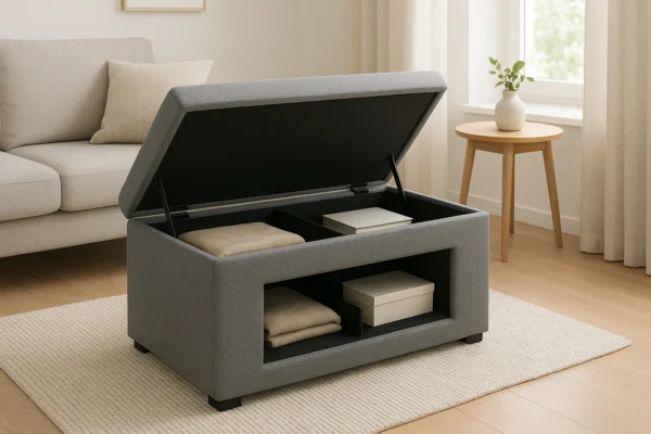 A modern living room with a stylish multifunctional storage ottoman, open to show neatly organized compartments, designed for small spaces with a cozy and minimalist style.