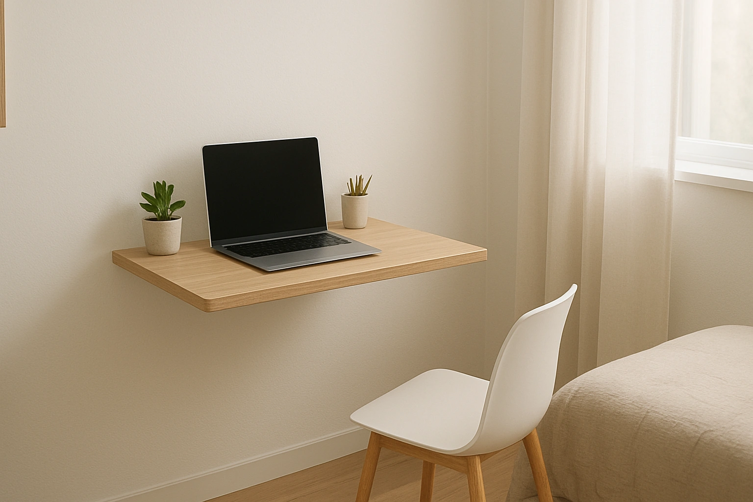 A realistic photo-style thumbnail of a modern wall-mounted desk in a small apartment bedroom, neatly styled with a laptop and decor, symbolizing a space-saving home office solution.