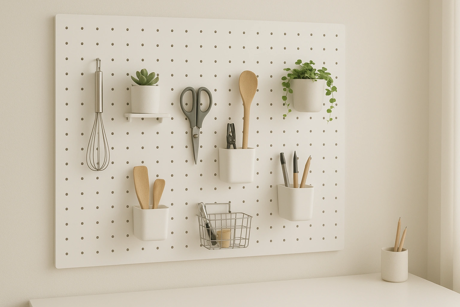 Thumbnail 169 bergaya realistis menampilkan ruang kerja modern dengan dinding pegboard penuh aksesori seperti rak, kait, dan kotak penyimpanan, menonjolkan fungsi organisasi yang rapi sekaligus dekoratif.