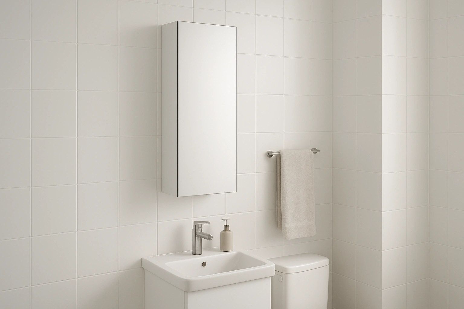 Thumbnail illustration of a small modern bathroom with a slim wall cabinet mounted above the toilet, showing an organized and clutter-free space.space-saving decor