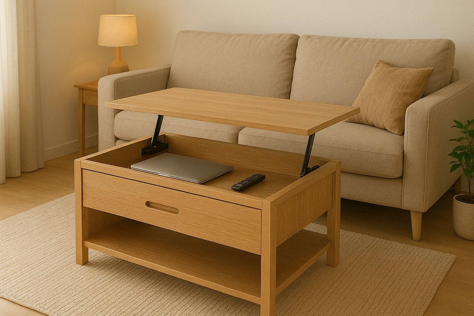 Thumbnail of a modern small living room with a coffee table that has hidden storage and a lift-top design, styled to look organized and clutter-free.