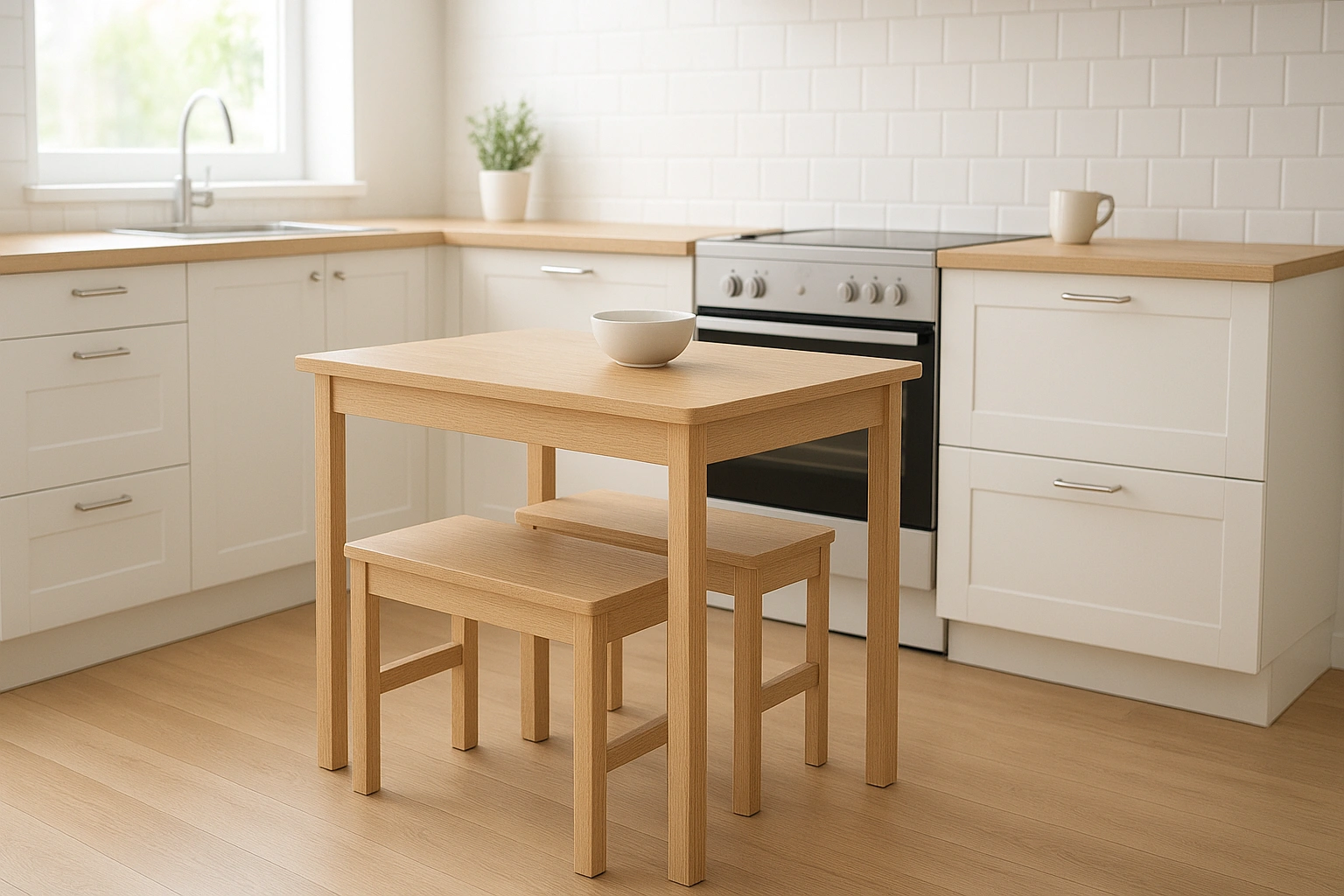 A compact all-in-one dining set for small spaces, with a table and chairs or benches that tuck neatly underneath, designed for a minimal footprint in a modern kitchen.