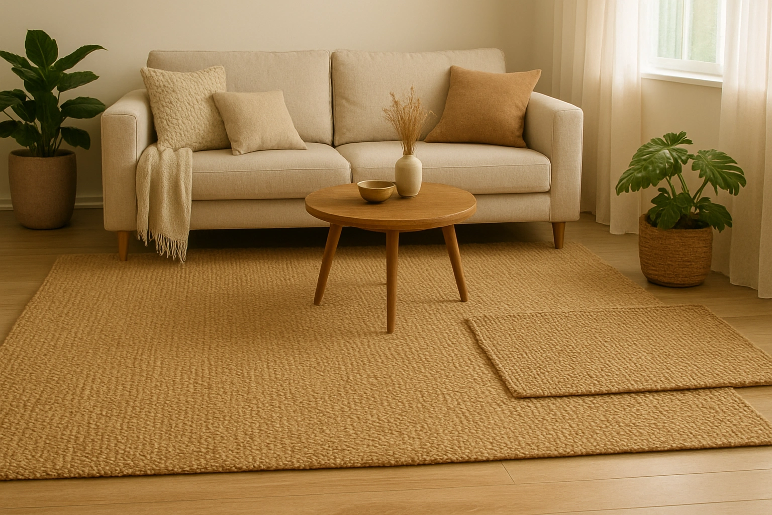 Realistic photo-style living room scene featuring a large, hand-woven jute rug as the centerpiece, with layered textures from sisal and seagrass rugs nearby. The image highlights natural fiber rugs for sustain