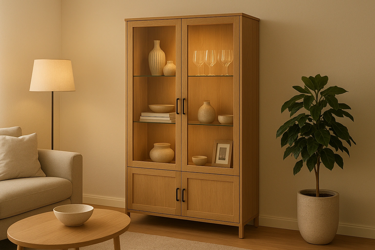 A modern living room with a stylish decorative storage cabinet, displaying curated decor items on glass shelves while concealing clutter behind elegant doors, symbolizing balance between beauty and function.