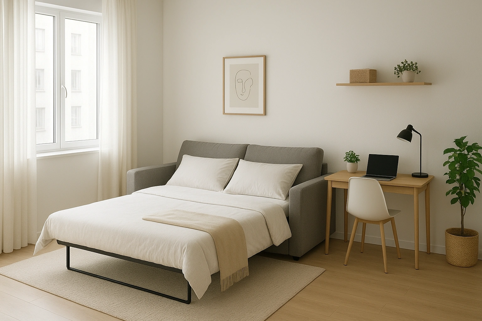 A realistic photo of a modern studio apartment featuring a stylish convertible sofa bed, fully extended into a comfortable bed. The room has a compact layout with a small workspace, cozy decor, bright natural lighting, and minimalist furniture, showing the multifunctional use of space.